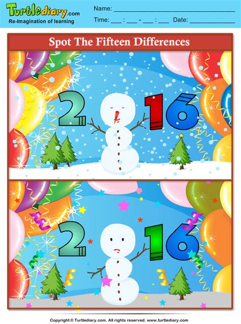 Spot The Differences 2016 New Year Turtle Diary Worksheet