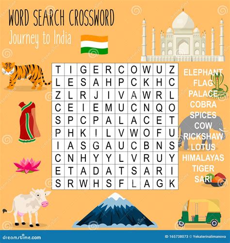 Easy Word Search Crossword Puzzle `journey To India` Stock Vector