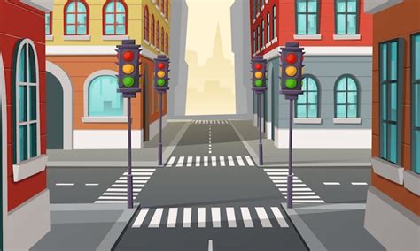 City Crossroads With Traffic Lights Intersection Cartoon Illustration