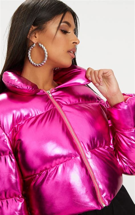Hot Pink Metallic Cropped Puffer Jacket Prettylittlething Qa