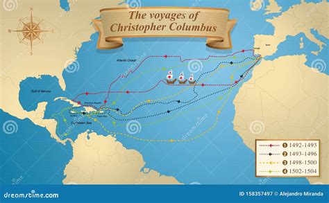 The Voyages Of Christopher Columbus Map With The Marked Routes Of The