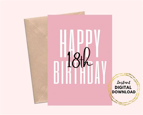 Printable Happy 18th Birthday Card Pink Minimalist Diy 18th Etsy