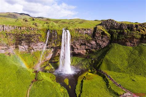 Aerial Drone View Of Seljalandsfoss Waterfall At Daytime Iceland