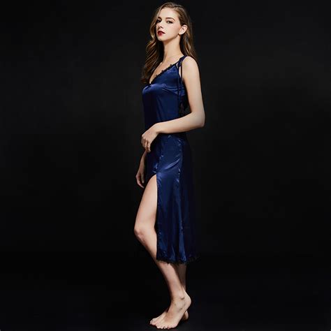 Latest Design Solid Color Smooth Silk Women Night Dresses Sexy Mature