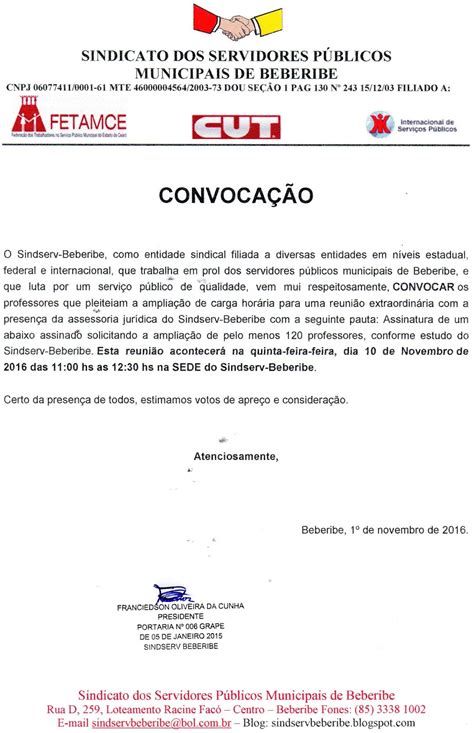 A crh, em parceria com a dimo, fará uma reunião com todos os servidores do instituto, com a finalidade de. SINDSERV-BEBERIBE: CONVOCAÇÃO PARA PROFESSORES QUE SOLICITARAM AMPLIAÇÃO DE CARGA HORÁRIA ...