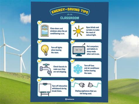 An Energy Saving Tips Poster With Windmills In The Background And