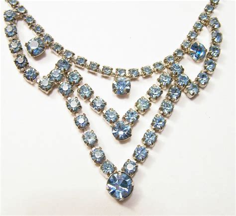 Vintage Pale Blue Rhinestone Necklace Silver Tone Jewelry Dg Blue