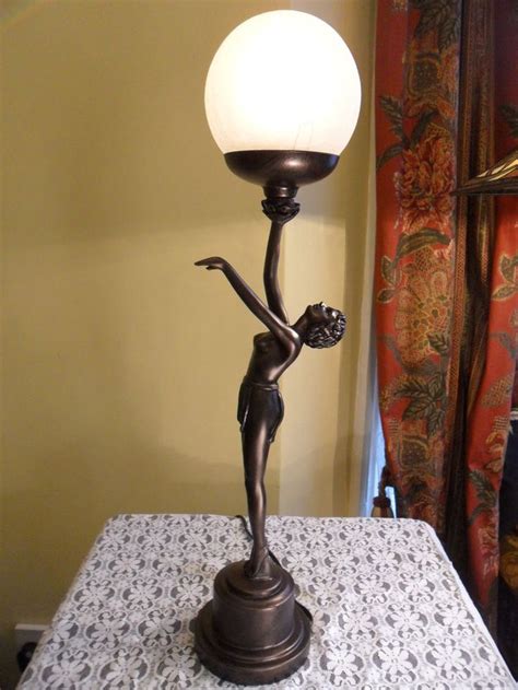Bronze Naked Nude Lady Lamp Art Deco Figurine Nora Glass Table Globe