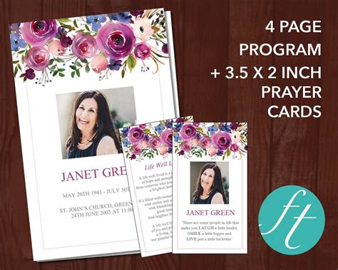 4 Page Purple Roses Funeral Program Template Prayer Card Funeral