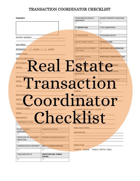 Real Estate Transaction Coordinator Checklist Printable 1 Page Not