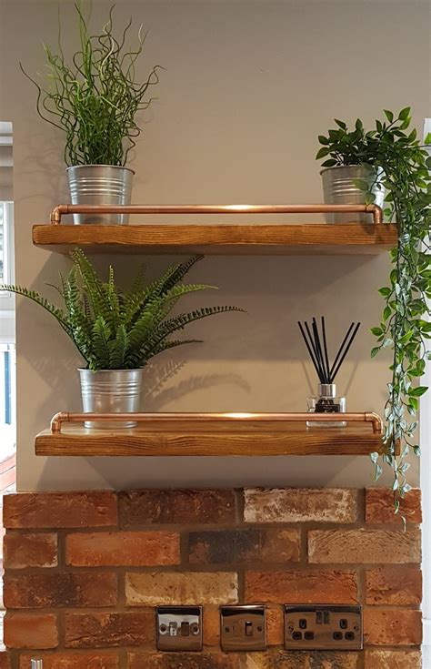 Rustic Wooden Floating Shelf With Copper Pipe Rail Handmade Etsy