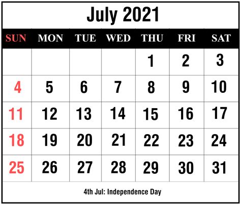 Free Printable July 2021 Calendar Template In Pdf And Word