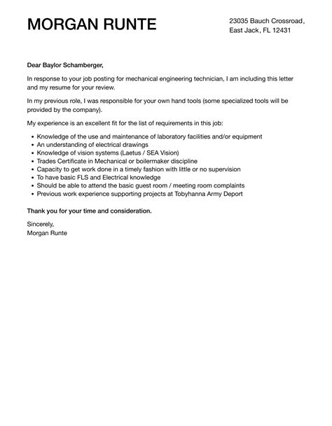 Mechanical Engineering Technician Cover Letter Velvet Jobs