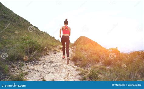 Running Woman On Mountain Road Sport Girl Exercising Outside In