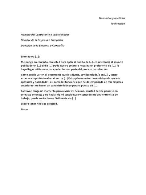 Ejemplo De Cover Letter En Espanol Para Resume Word Odt Pdf