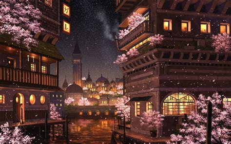 City Buildings Anime Night Sky