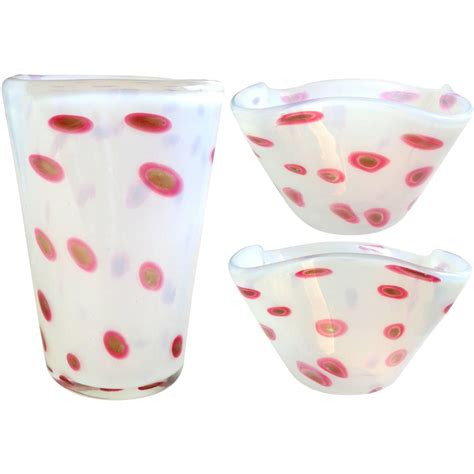 Fratelli Toso Murano Vintage Opalescent Pink Spots Italian Art Glass Mid Century Vase Bowls Set
