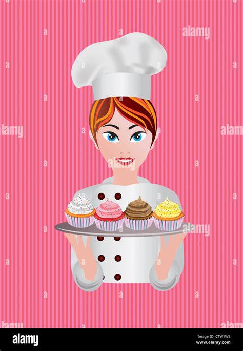 Woman Pastry Chef With Cupcakes Illustration Stock Photo Alamy