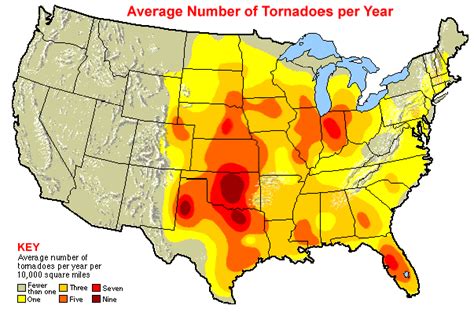 Usa Map Showing The Average Number Of Tornadoes Per Year Per 10000