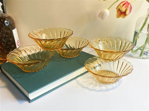 vintage amber glass serving bowls dessert bowls set of six etsy