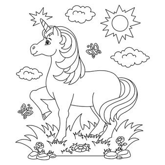 Schattige baby eenhoorn zittend met cupcake doodle tekening kleurplaat
