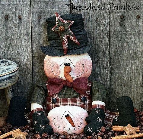 Pattern Primitive Christmas Snowman Doll W Hat And Carrot Nose