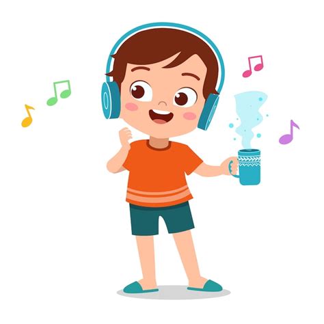 Niño Feliz Escuchando Música Vector Premium