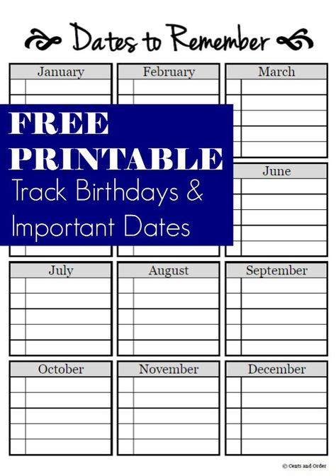 Dates To Remember Free Printable Free Printables Home Management