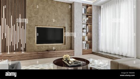 Modern Interior Design Of Living Room Angled Close Up View Of Tv Wall