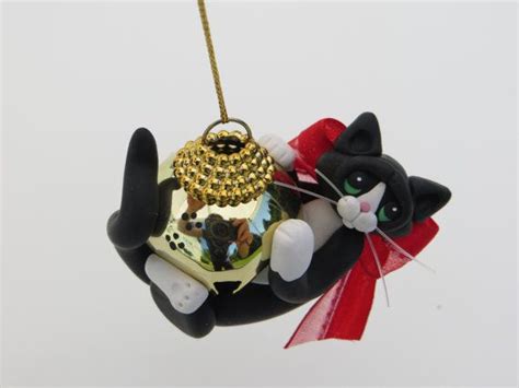 Polymer Clay Black Tuxedo Cat Christmas Ornament Figurine Etsy Cat