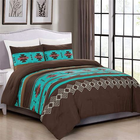 3 Piece Western Southwestern Design Comforter Set Multicolor Teal