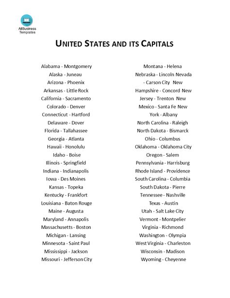 Usa States And Capitals List Templates At
