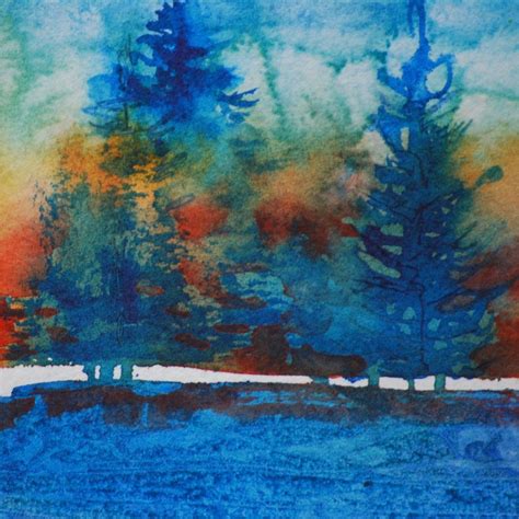 A Vibrant Small Original Watercolor Titled Autumn Lake Already Framed In A Classic