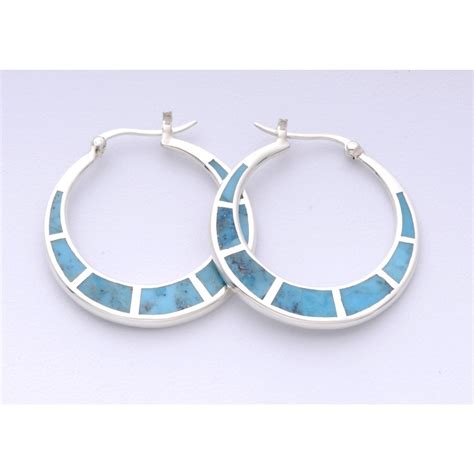 Turquoise Inlay Sterling Silver Hoop Earrings Jewelry At