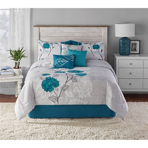 Mainstays 7 Piece Teal Roses Comforter Set King With Embroidered