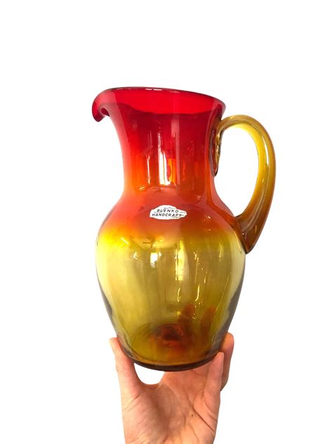 Blenko Handcraft Tangerine Pitcher 7315 9 1 2 Tall Vintage Amberina Red Yellow Ombre Glass