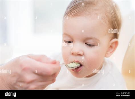 Baby Eating From A Spoon Eats Milk Porridge Stock Photo Alamy