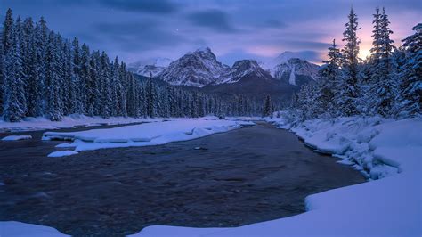 Alberta Canadian Rockies Mountain River Covered With Snow During Winter Hd Nature Wallpapers