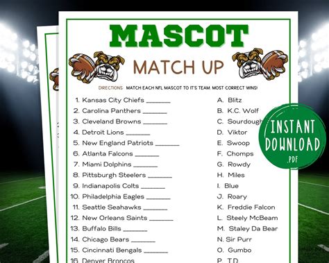 Super Bowl Mascot Match Up Trivia Game Super Bowl Party Etsyde