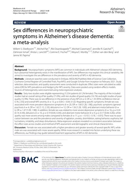 Pdf Sex Differences In Neuropsychiatric Symptoms In Alzheimers Disease Dementia A Meta Analysis
