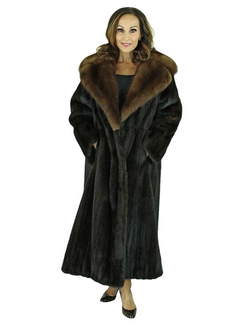 Dark Mahogany Female Mink Fur Coat With Sable Collar Womens Fur Coat