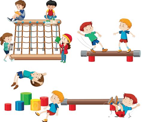 Set Of Children Playing Playground Equipment Isolated Climb Design