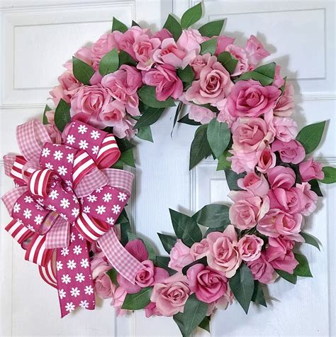 Beautiful Pink Rose Wreath With 3 Ribbon Pink Bow Spring Wreath