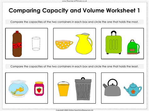 Comparing Capacity And Volume Worksheet Maths Year 1