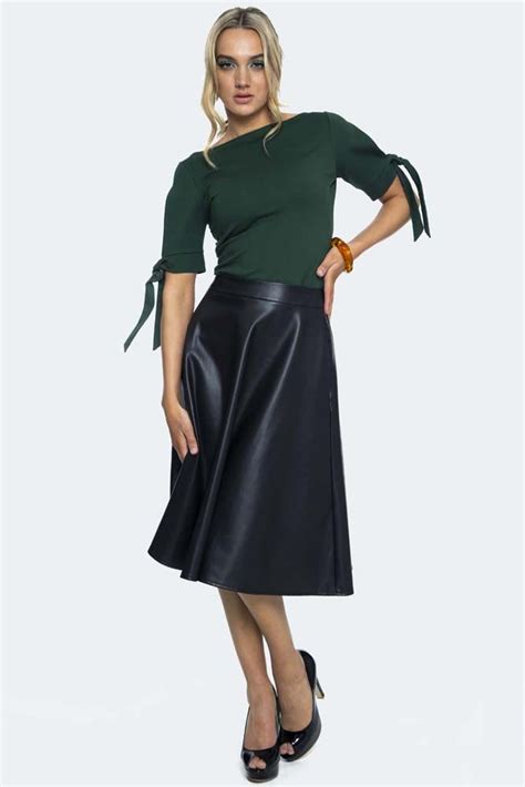 Bushra Black Faux Leather Flare Skirt Vintage Inspired Fashion