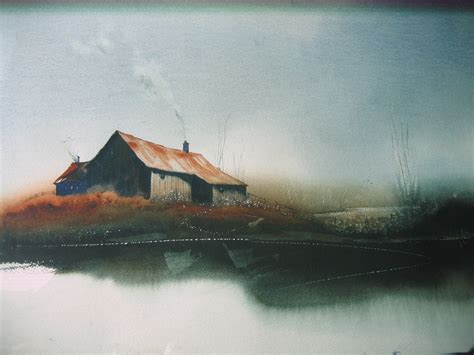 Contemporary Original Watercolor Art Painting Scene Old Farm House