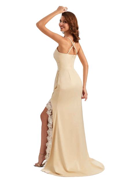 sexy spaghetti straps applique side slit mermaid silky satin long maxi dress for wedding