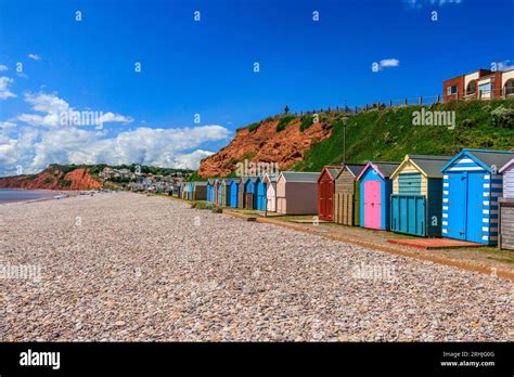 Colourful Beach Huts On The Seafront At At Budleigh Salterton On The Jurassic Coast Devon