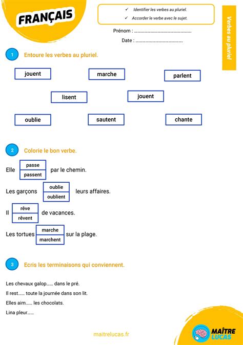 Exercices sur les verbes au pluriel pour CP Maître Lucas