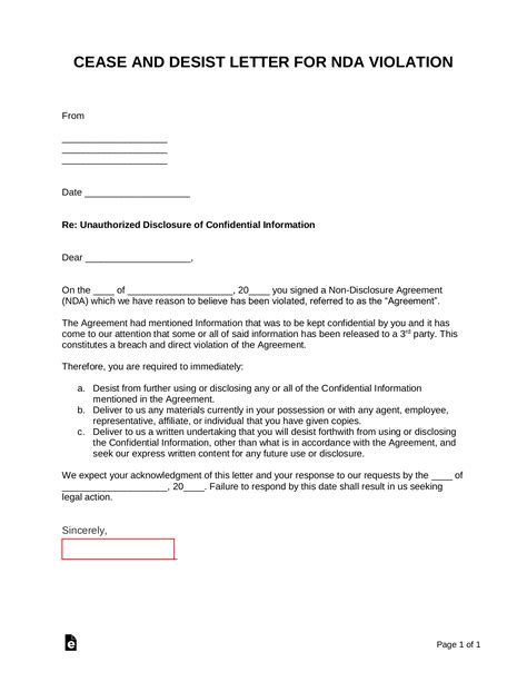 free violation of non disclosure agreement nda cease and desist pdf word eforms